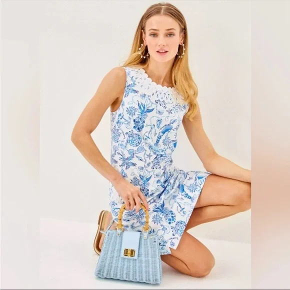 💙 LILLY PULITZER 💙 NWT Leena Top Handle Wicker Bag Bluette with Bamboo Handle - Picture 4 of 9